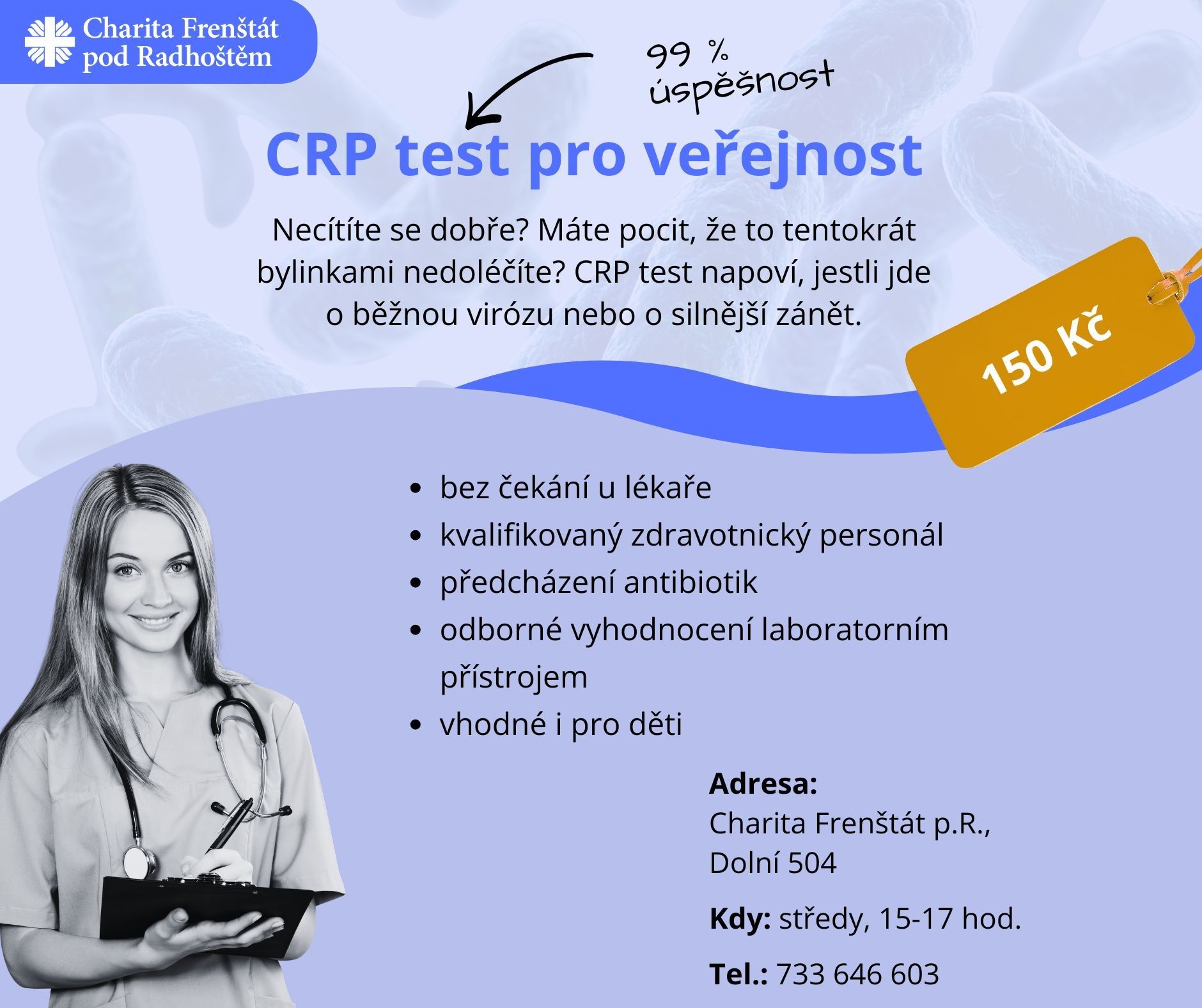 Obrázek k aktualitě Charita Frenštát pod Radhoštěm nově nabízí CRP testování pro veřejnost