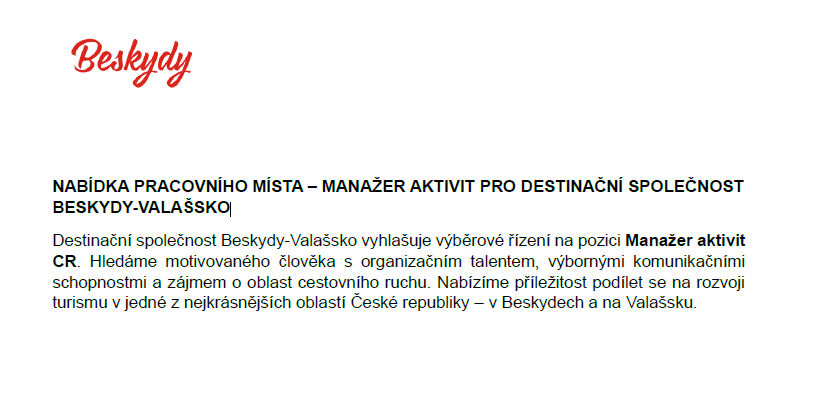 Obrázek k aktualitě NABÍDKA PRACOVNÍHO MÍSTA – MANAŽER AKTIVIT PRO DESTINAČNÍ SPOLEČNOST BESKYDY-VALAŠSKO