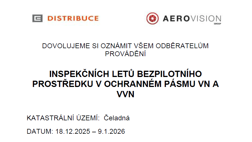 Obrázek k aktualitě Oznámení a informace o plánovaném inspekčním letu UAS v okolí obce za účelem kontroly OP vedení VN, ve dnech 18. 12. 2025 - 09. 01. 2026