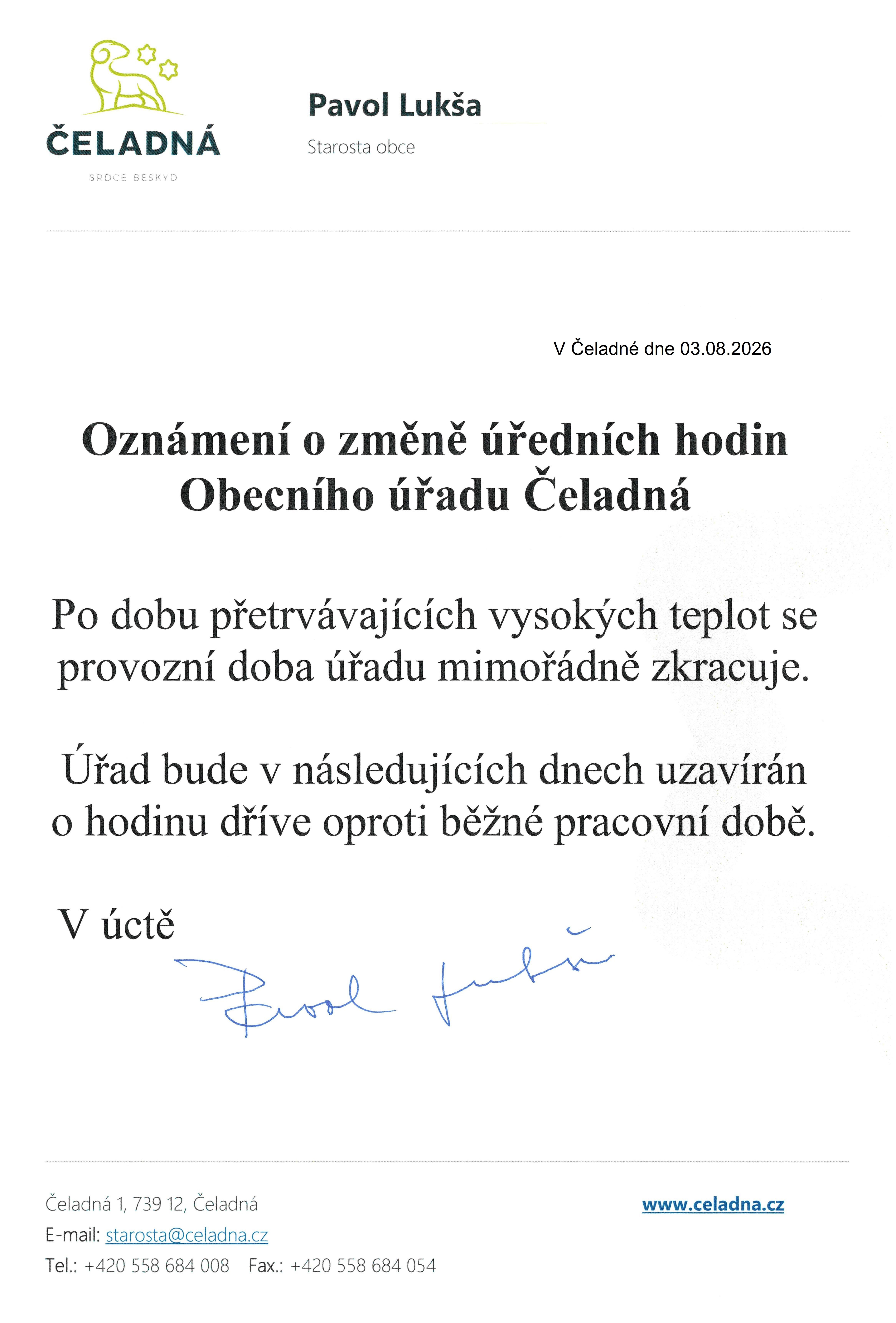 Obrázek k aktualitě Oznámení o změně úředních hodin Obecního úřadu Čeladná