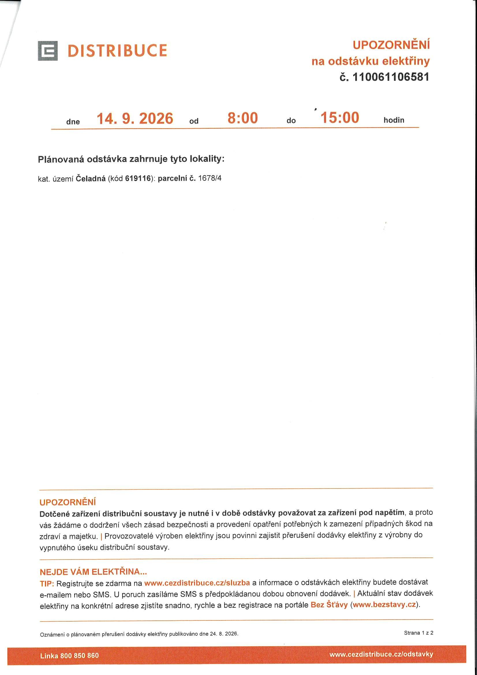 Obrázek k aktualitě Oznámení o přerušení dodávky el. energie dne 14.09.2026 od 8:00 do 15:00 - parc. č. 1678/4